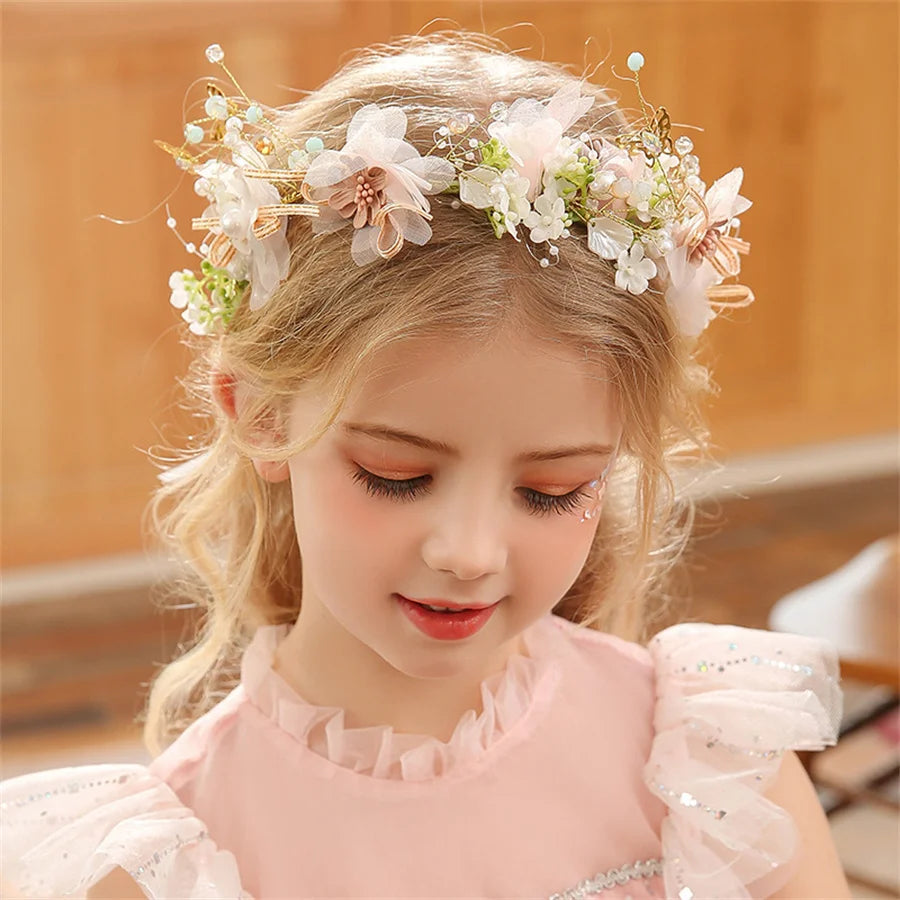 Girls Bridal Pearl Crystal Hair Headdress Flower Wreath Wedding Headband