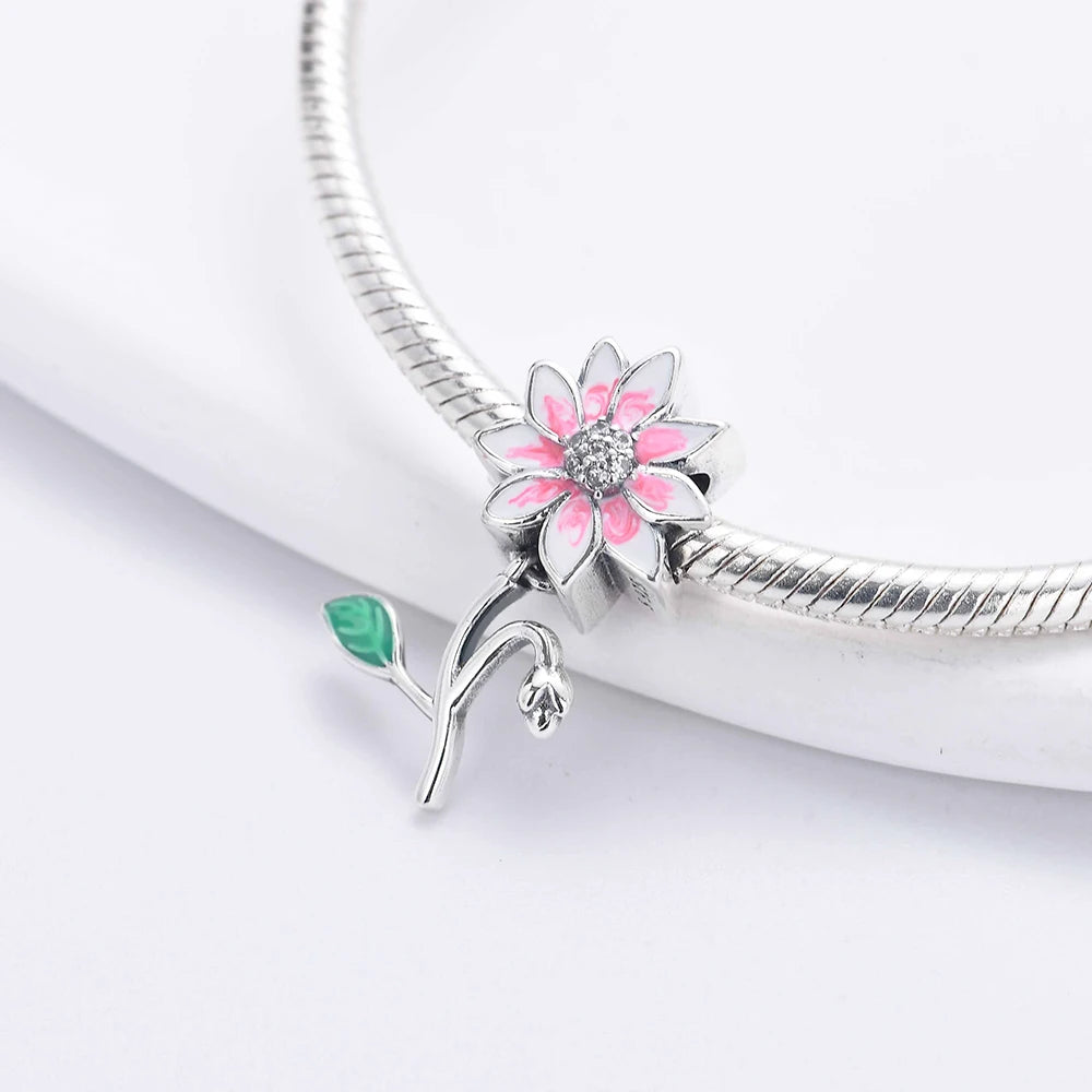 925 Sterling Silver Charm Beads for Women Bracelet - Four-Leaf Clover and Sunflower Design