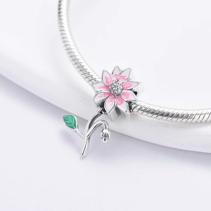 925 Sterling Silver Charm Beads for Women Bracelet - Four-Leaf Clover and Sunflower Design