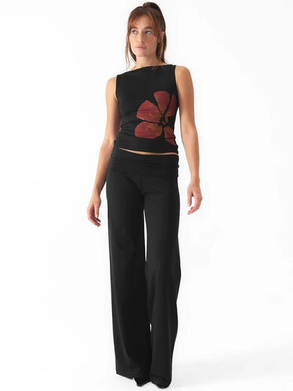 2025 Women Fitted Floral Crop Tank Boat Neck Summer Top