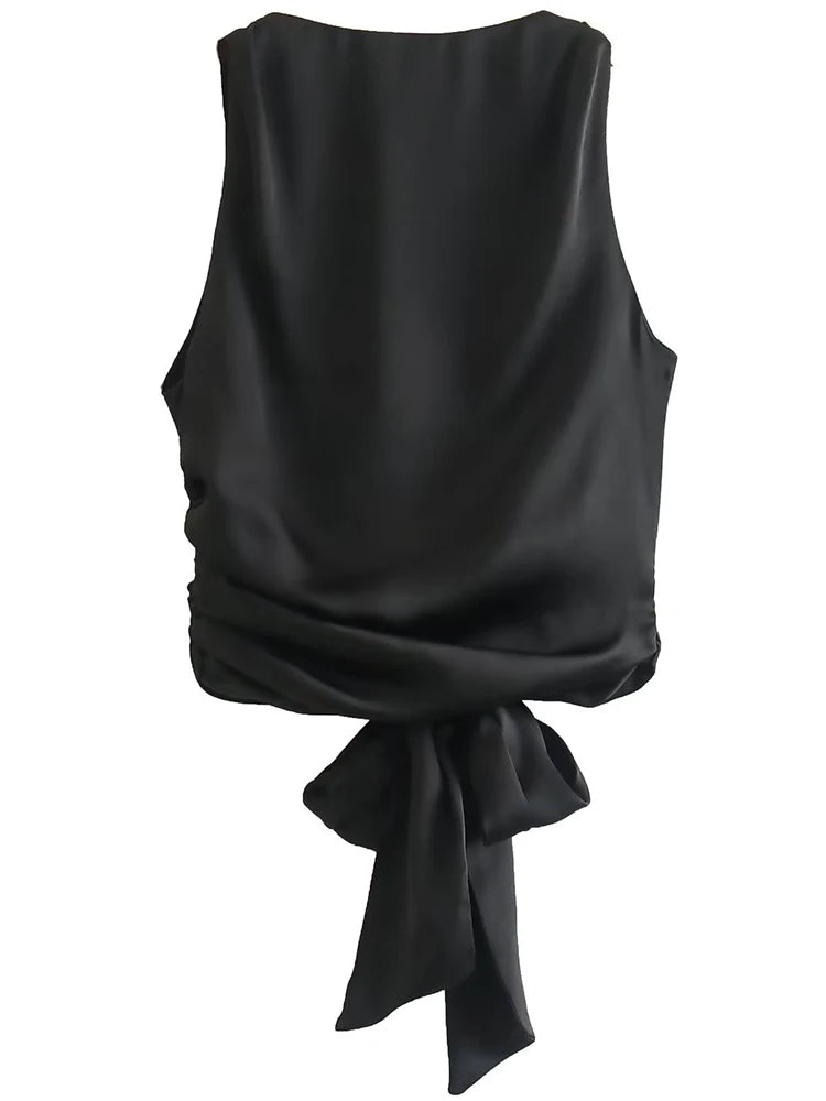 DozwCN Women Bow Backless Cropped Tank Top Solid Chic