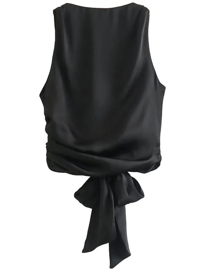 DozwCN Women Bow Backless Cropped Tank Top Solid Chic