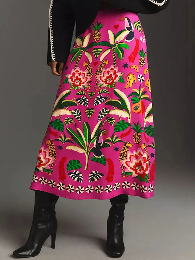 Casual Tropical Plant Print Retro Mid Calf Skirt For Women