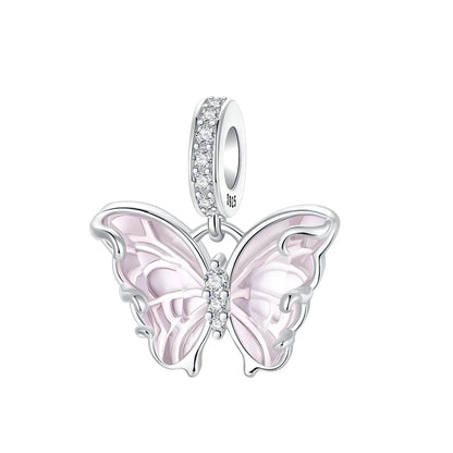 Sterling Silver Pink Blossom Dangle Charm with Butterfly Heart Flower Rose and Bird Bead for DIY Necklace and Bracelet Jewelry
