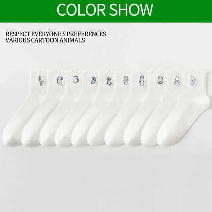 6 Pairs White Cotton Womens Mid Crew Cartoon Ruffle Socks