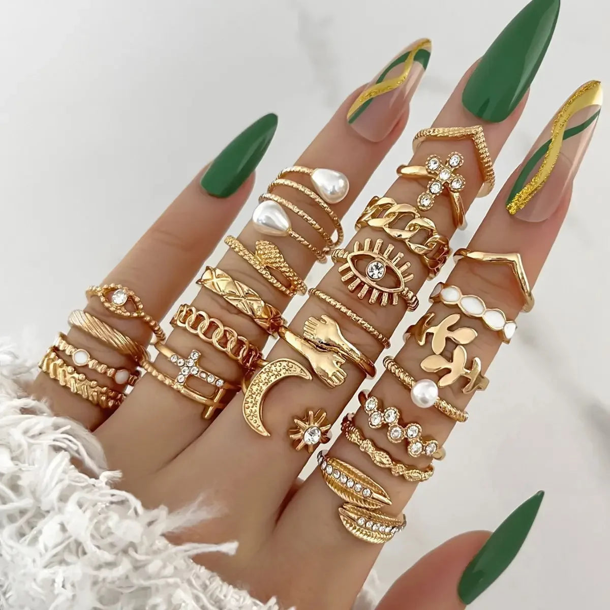 Silver Geometric Knuckle Rings Set for Women with Eye Cross Sun Moon Leaf Charms Boho Jewelry