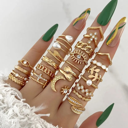 Silver Geometric Knuckle Rings Set for Women with Eye Cross Sun Moon Leaf Charms Boho Jewelry