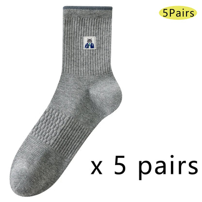 5 Pairs Men Cartoon Cat Mid Crew Cotton Socks Breathable