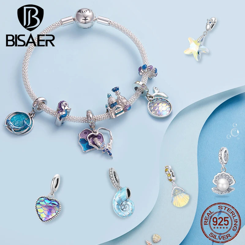 BISAER Ocean Charm 925 Sterling Silver Dolphin and Mermaid Bead with Blue CZ for DIY Jewelry