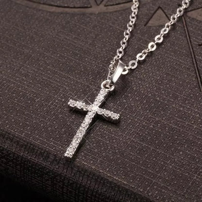 Cross Pendant Adjustable Necklace for Women with Rhinestone Inlay SILVER PLATED