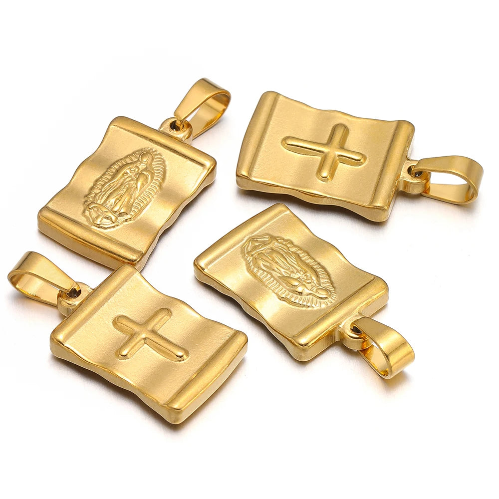 Vintage Stainless Steel Madonna Cross Charms for DIY Jewelry Making - Set of 5