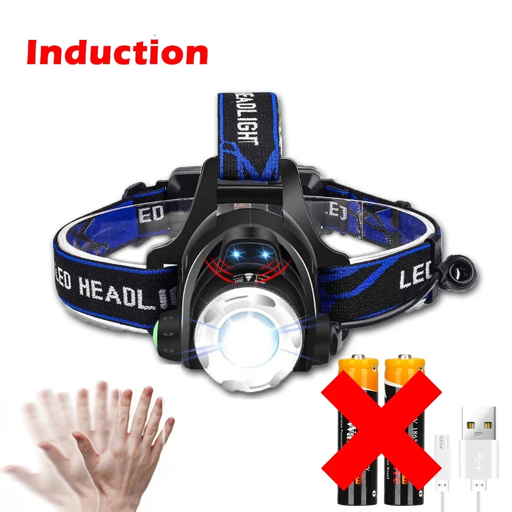 Super Bright LED Induction Headlamp USB Rechargeable Waterproof Torch Type 2 No battery