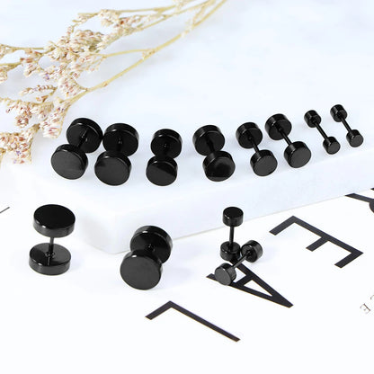 6 Pairs Stainless Steel Black Stud Earrings for Men and Women Faux Gauge Tunnel Designs 3-8mm
