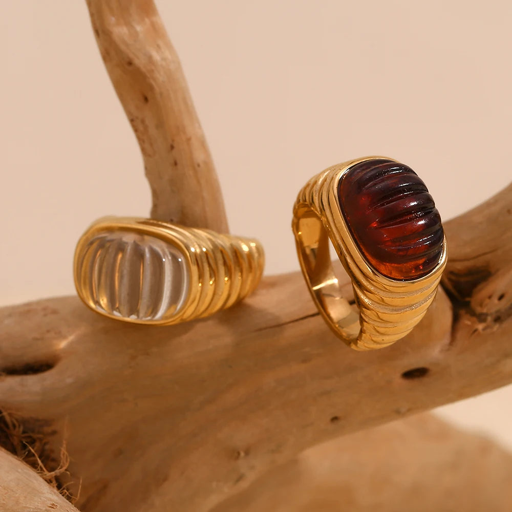 Elegant Square Acrylic Cabochon Ring with Tarnish-Free Stainless Steel and 18K Gold Plating for Fashionable Women
