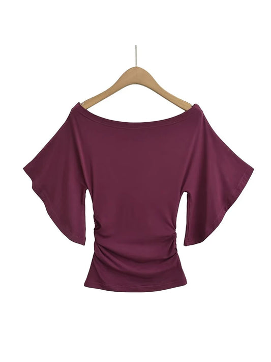 Dozw Women Off Shoulder Bat Sleeve Slim Top Cinched Waist