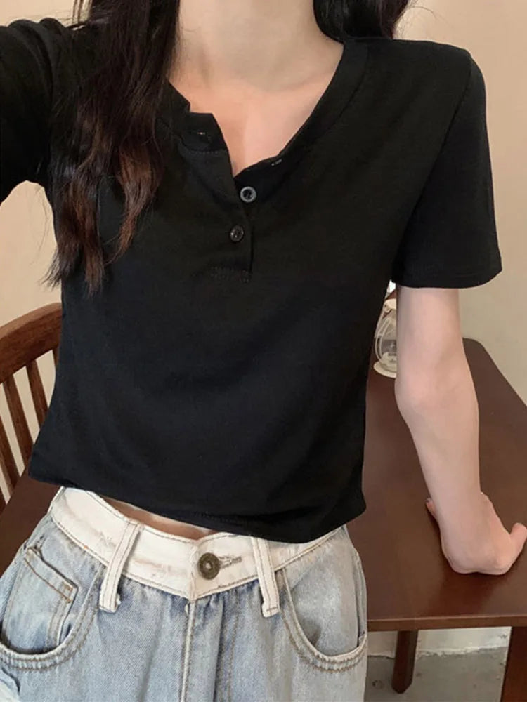 Women Open Button Crop Tee Shirt V Neck Short Sleeve