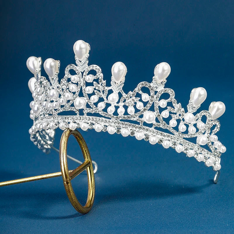 Elegant Silver Crystal Bridal Pearl Tiara Crown for Women