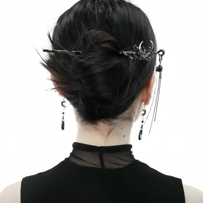Elegant Black Crystal Moon Tassel Hair Stick For Women Retro Floral Hanfu Hairpin