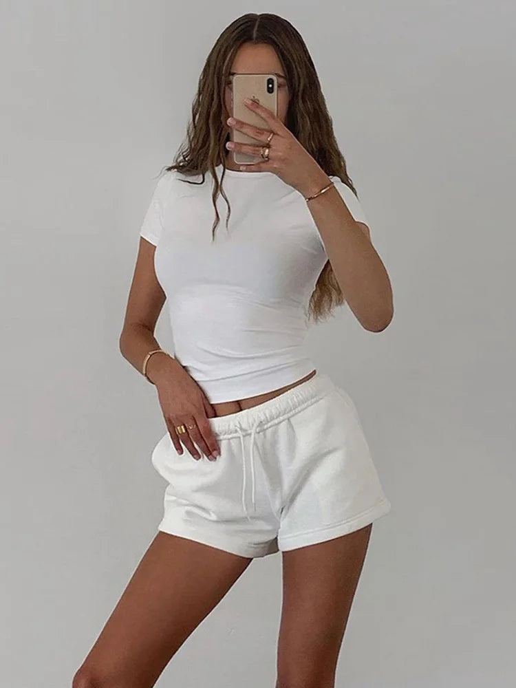 Women Crop Tops Short Sleeve Solid Tees Spring Summer Style