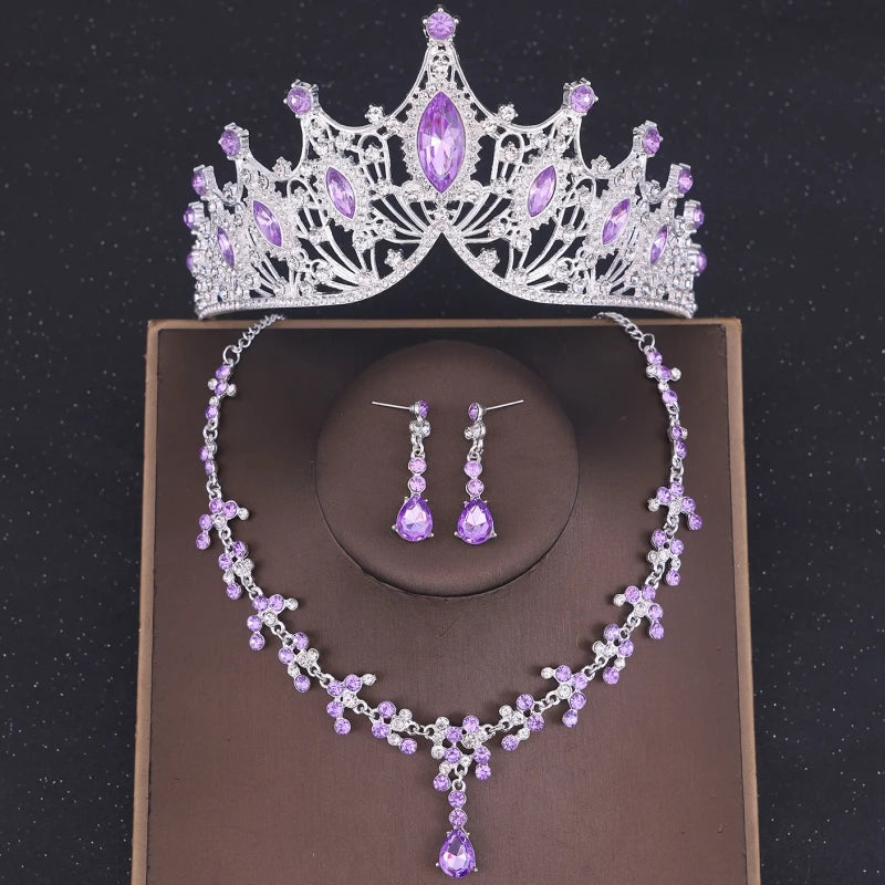 Baroque Crystal Tiara & Crown Jewelry Set - Top-Rated Rhinestone Bridal Accessories Purple 1