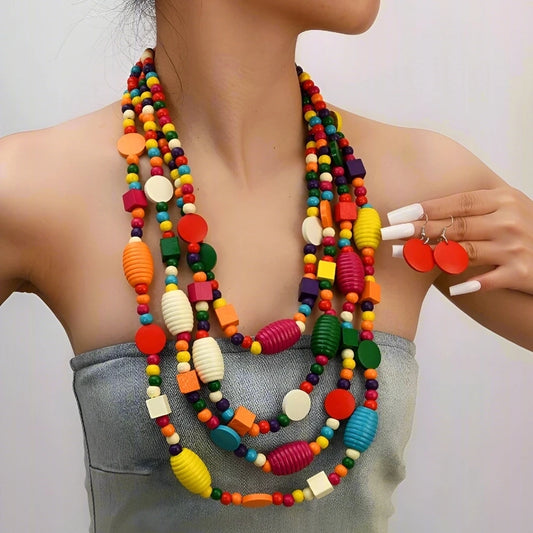 Bohemian African Jewelry Set with Geometric Multilayer Wooden Beads Necklace and Earrings for Women