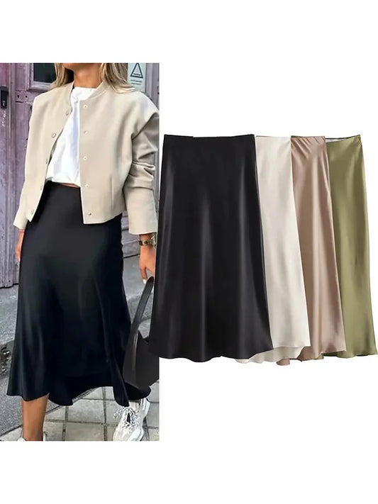 Black Satin High Waist Midi Skirt For Women Office Summer