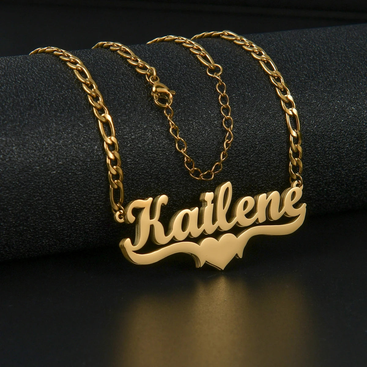 Customized Double Layer Heart Name Necklace for Men and Women with Adjustable Thick Figaro Chain