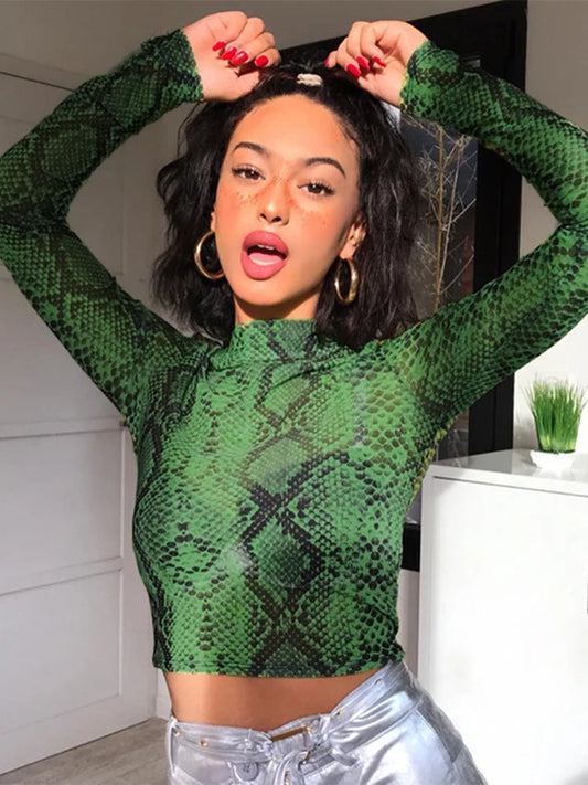 Dozw Women Snake Print Mesh Crop Top High Neck Long Sleeve