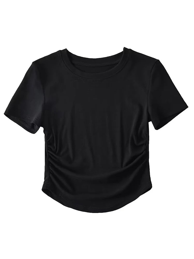 Harajuku 2024 Womens Crew Neck Ruched Side Cotton Tee