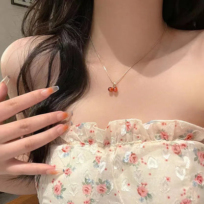 Little Wine Red Cherry Pendant Necklace with Golden Chain for Women - Elegant Fruit Jewelry Gift