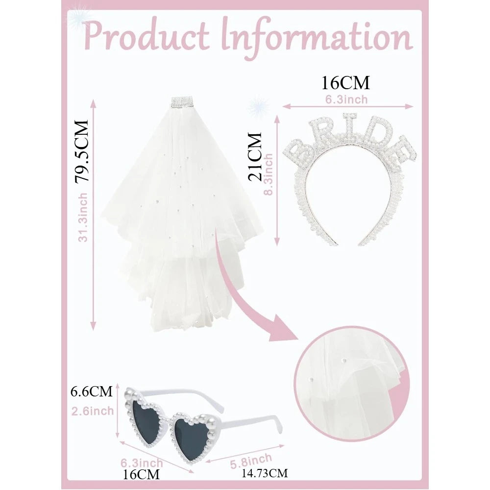 Glamorous Pearl Bride Headband With Veil and Heart Shaped Sunglasses for Bachelorette Party