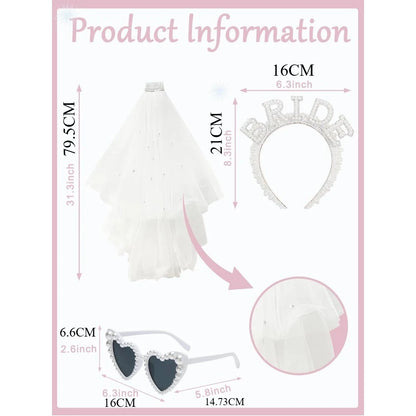 Glamorous Pearl Bride Headband With Veil and Heart Shaped Sunglasses for Bachelorette Party