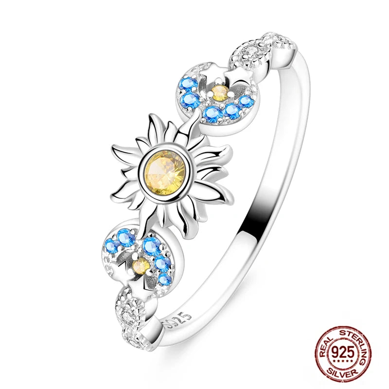 Hot Blue Zircon Ring for Women in 925 Sterling Silver with Sparkling Star and Moon Design Perfect for Weddings and Special Occasions LLTR076
