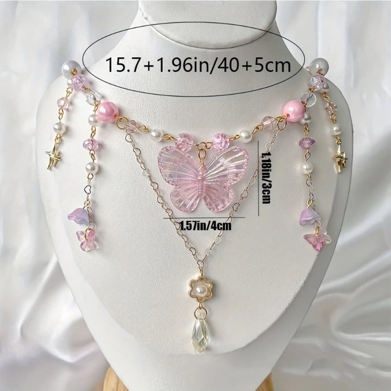 Elegant Beaded Butterfly Pendant Necklace for Women with Adjustable Chain