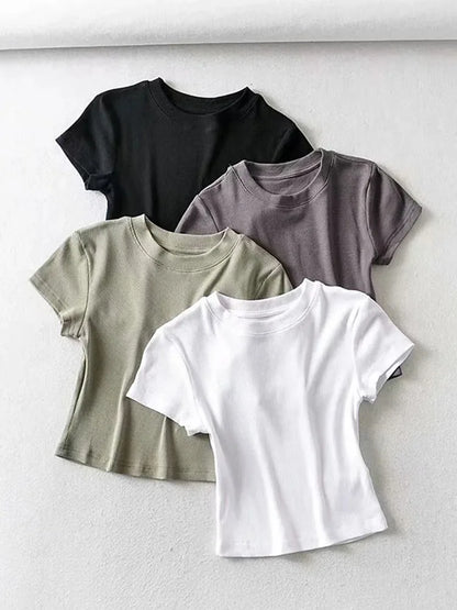 Dozw Women Crop Top Slim Elastic Short Sleeve Summer Tee