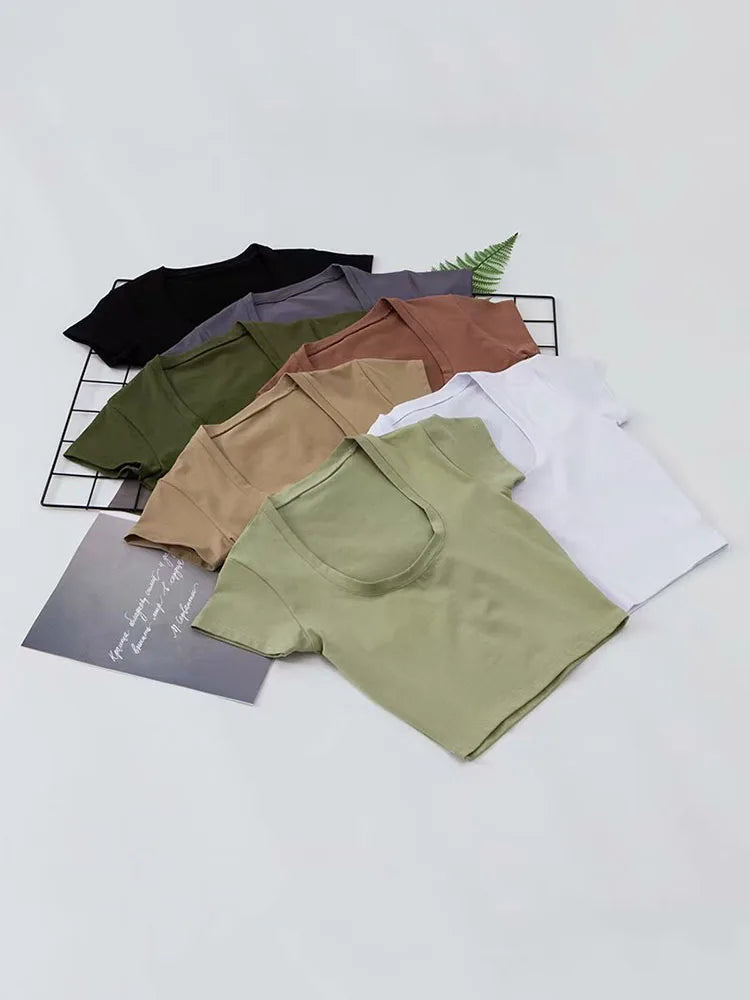 U Neck Crop Top High Waist Slim Solid Color Tee Street