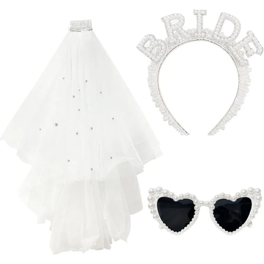 Glamorous Pearl Bride Headband With Veil and Heart Shaped Sunglasses for Bachelorette Party