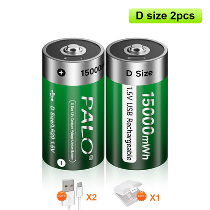 1.5V USB LR20 Battery Rechargeable R20 15000mWh D Size Type Batteries with Type-C Cable 2 PCS Battery