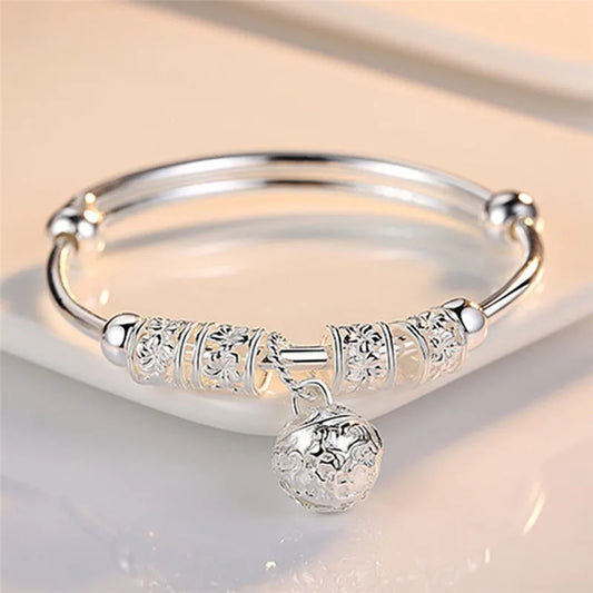Fine 925 Sterling Silver Hollow Bells Ball Bangles Adjustable Bracelets for Women Stylish Holiday Gifts and Wedding Jewelry