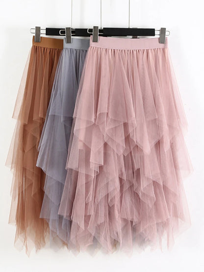 Women Irregular Tulle Skirt Elastic High Waist Mesh Midi
