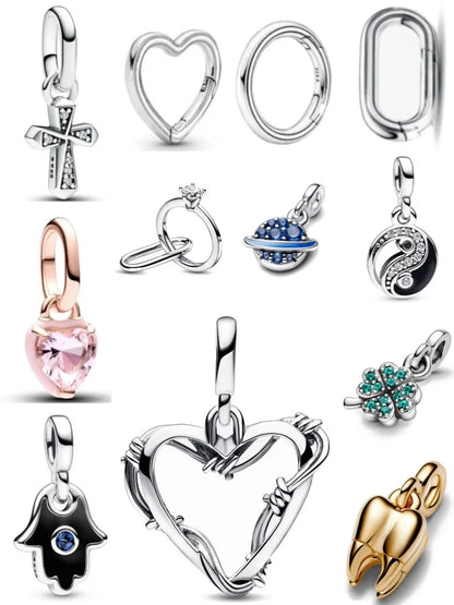 European 925 Sterling Silver Clover Green Heart Cross Pendant Charm Bead for Women Bracelet Necklace Jewelry
