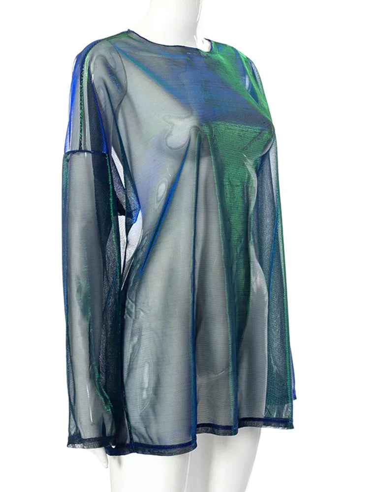 Sheer Mesh Long Sleeve O Neck Tee Y2K EGirl Sexy Loose Fit