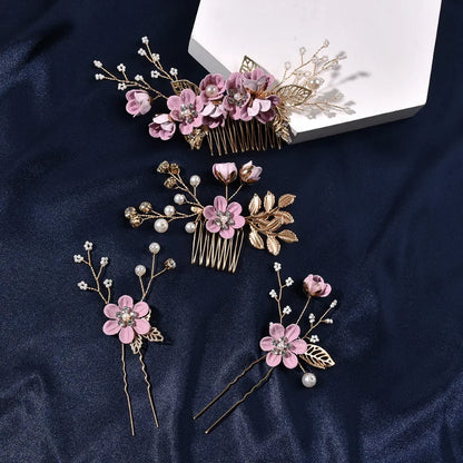 Elegant Bridal Pearl Hair Accessories Set – Floral Tiara, Barrette, and Combs for Wedding Elegance