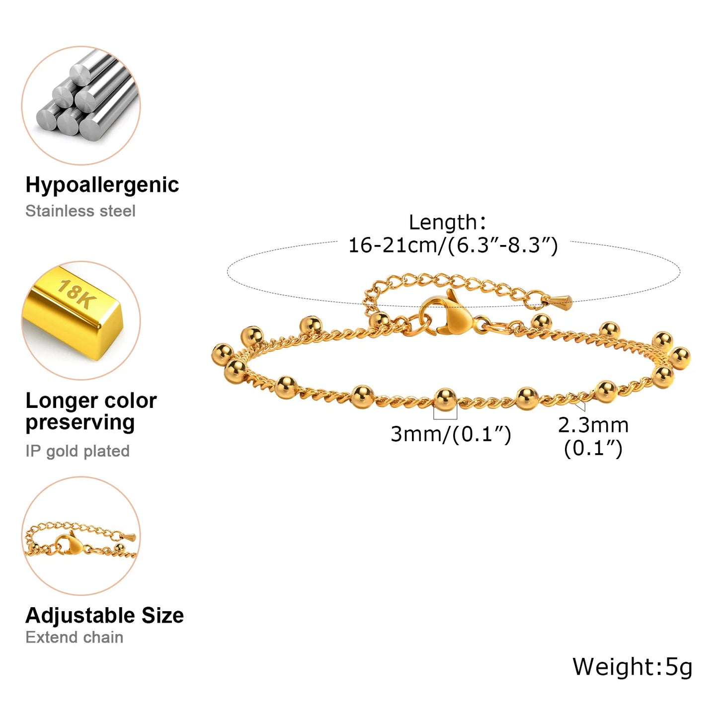 Elegant Gold Plated Link Bracelet for Women - Adjustable Stainless Steel Waterproof Jewelry