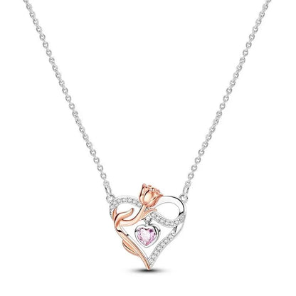 925 Sterling Silver Necklace with Pink Bow Heart Moon Butterfly Pendant Elegant Zircon Charm for Women Classic DIY Gift