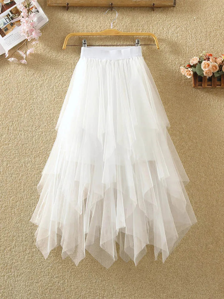 Women Irregular Tulle Skirt Elastic High Waist Mesh Midi