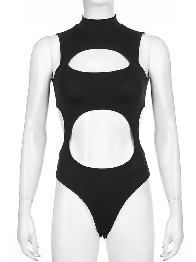 Gothic Techwear Hollow Out Sleeveless Bodysuit Women