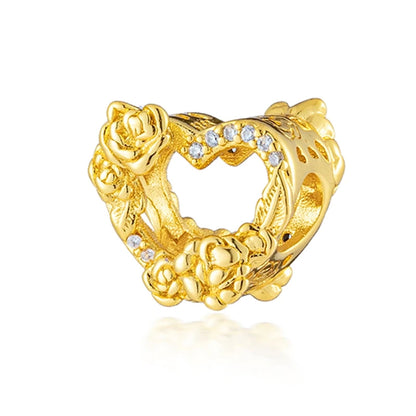 Golden Dragon Double Heart Dangle Charm Bead For 925 Bracelet