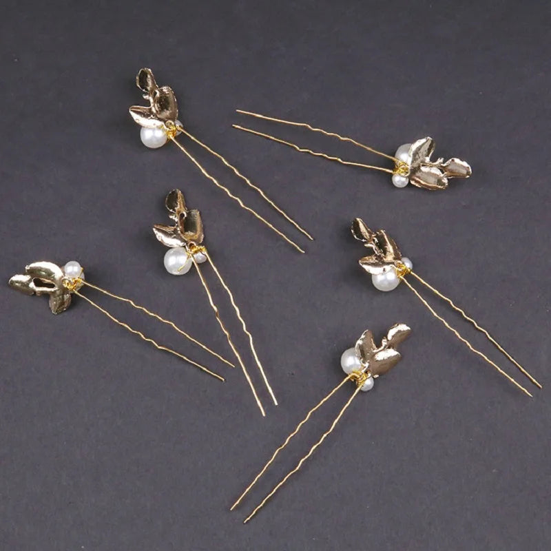 Golden Pearl Leaf Hairpins Set Bridal Wedding Accessories