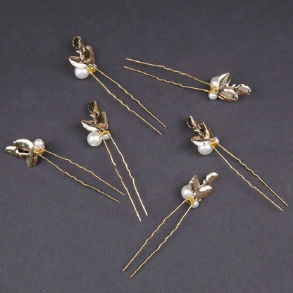 Golden Pearl Leaf Hairpins Set Bridal Wedding Accessories